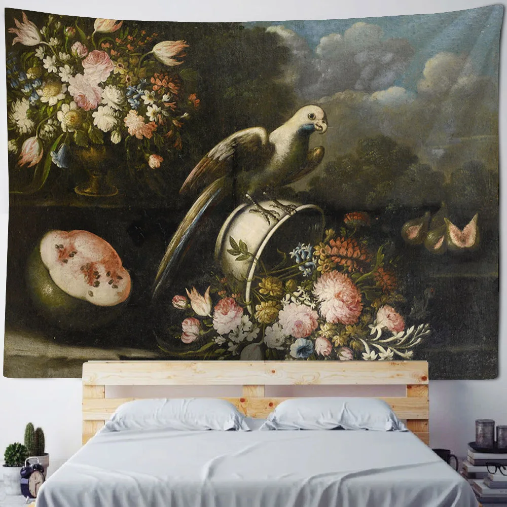 Flower and bird oil painting tapestry European retro art hanging cloth psychedelic scene wall hanging Bohemian home decoration