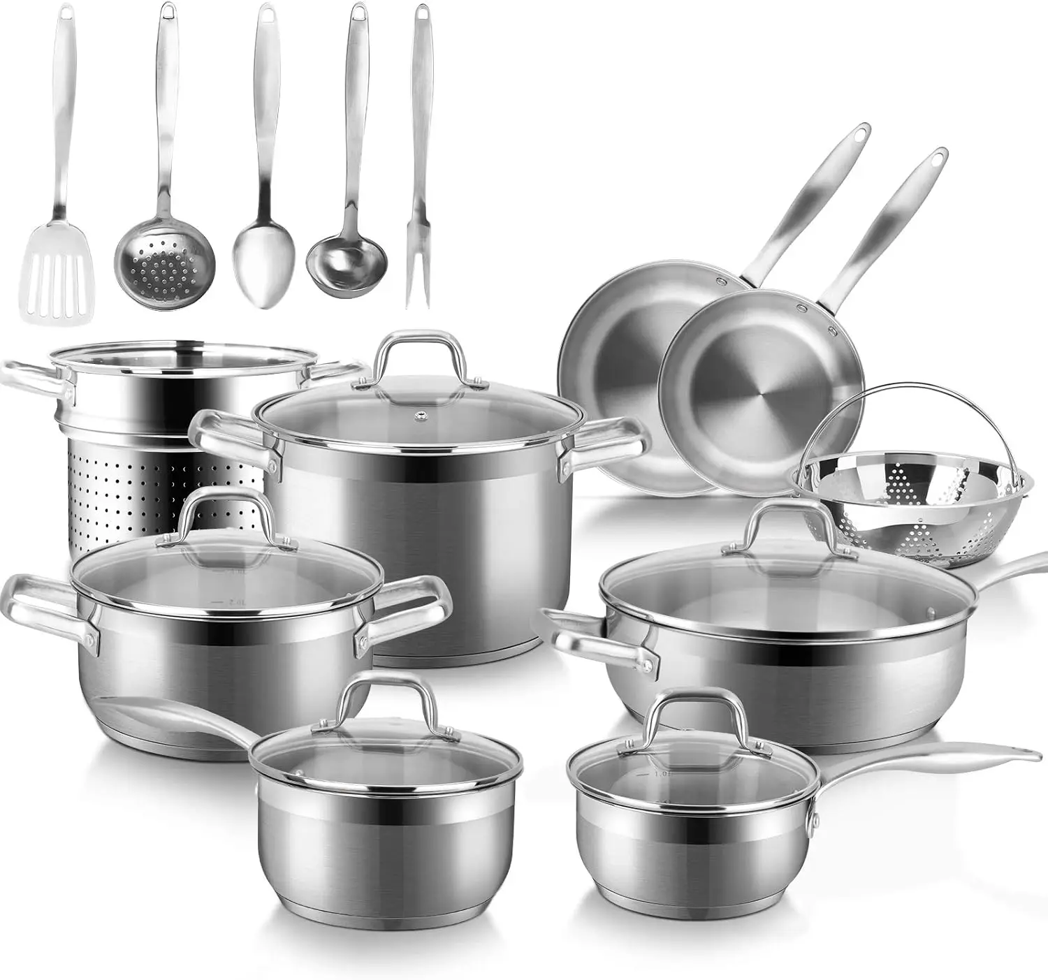 Juego de utensilios de cocina de inducción de acero inoxidable profesional, juego de ollas y sartenes de cocina, fondo pesado con tecnología de impacto unido, 19 piezas