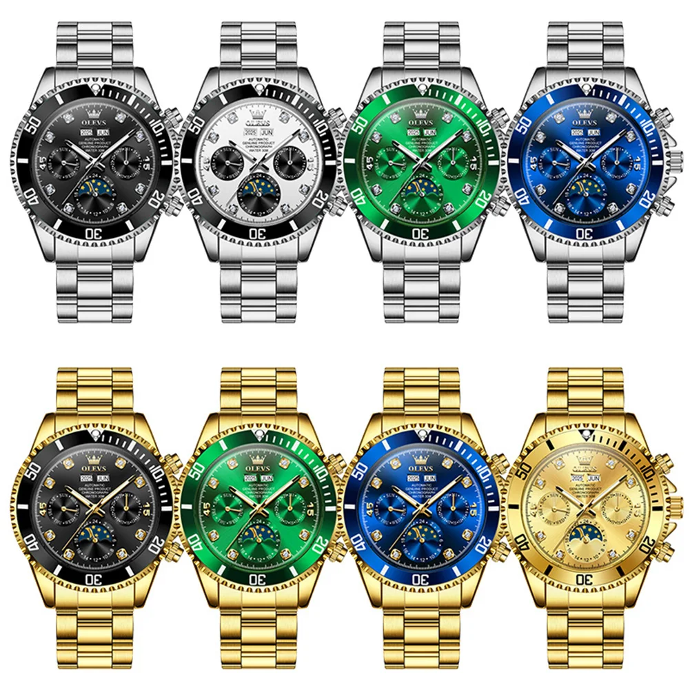 OLEVS 6729 Мужские часы, полностью автоматические механические часы, водонепроницаемые часы из нержавеющей стали с фазой Луны для мужчин, оригинальные мужские подарки