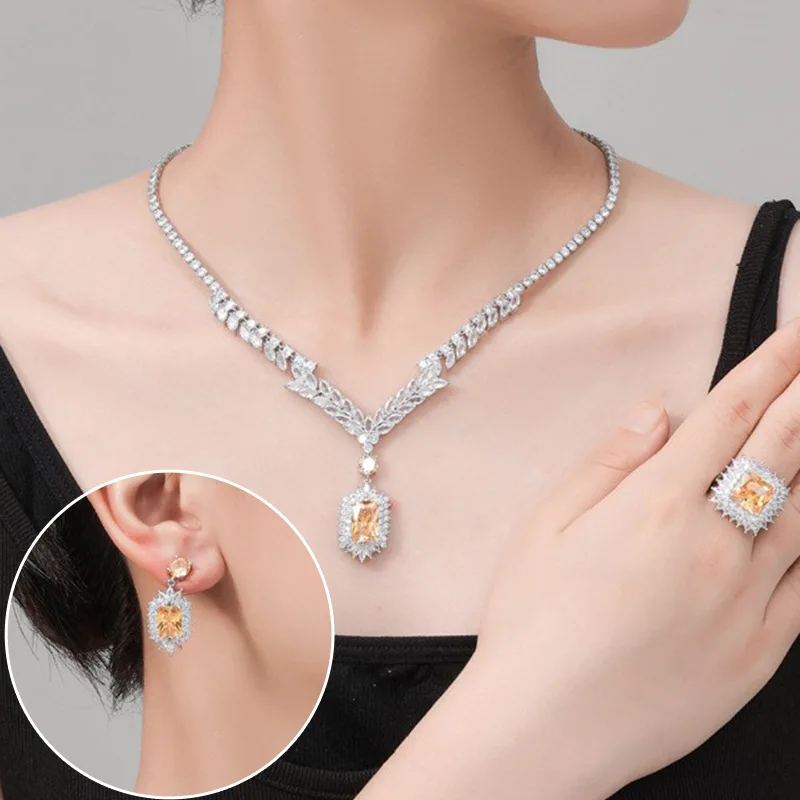 

Bride Necklace Set Gold Zircon Pendant Time Gemstone Earrings Jewelry Sets