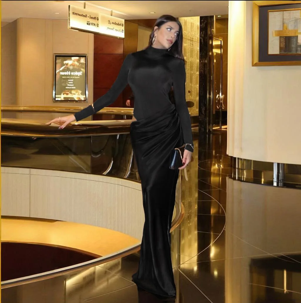 JY243082025 秋のロングエレガントセクシーサテンパッチワークホローアウトドレス（女性用）