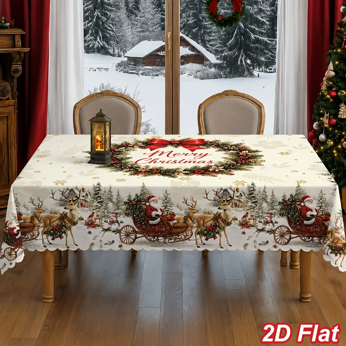 VIKAMA Christmas Wreath Tablecloth Cream Santa Sleigh Reindeer Snowy Pine Washable Rectangle Table Cover for Kitchen Decor