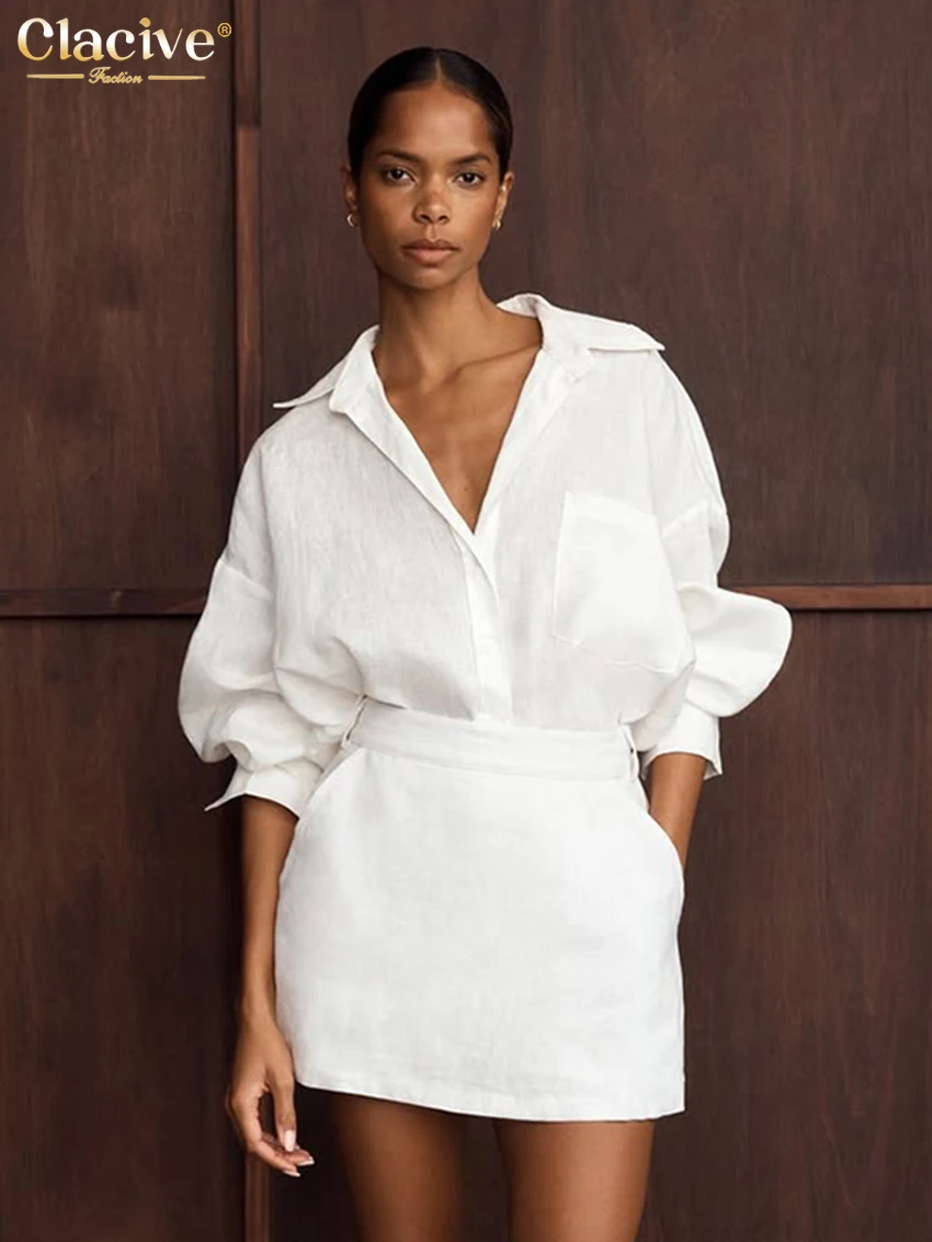 

Clacive Spring Loose White Cotton Women's Two Pieces Set 2026 Elegant Long Sleeve Shirt With High Waist Mini Skirt Set Female