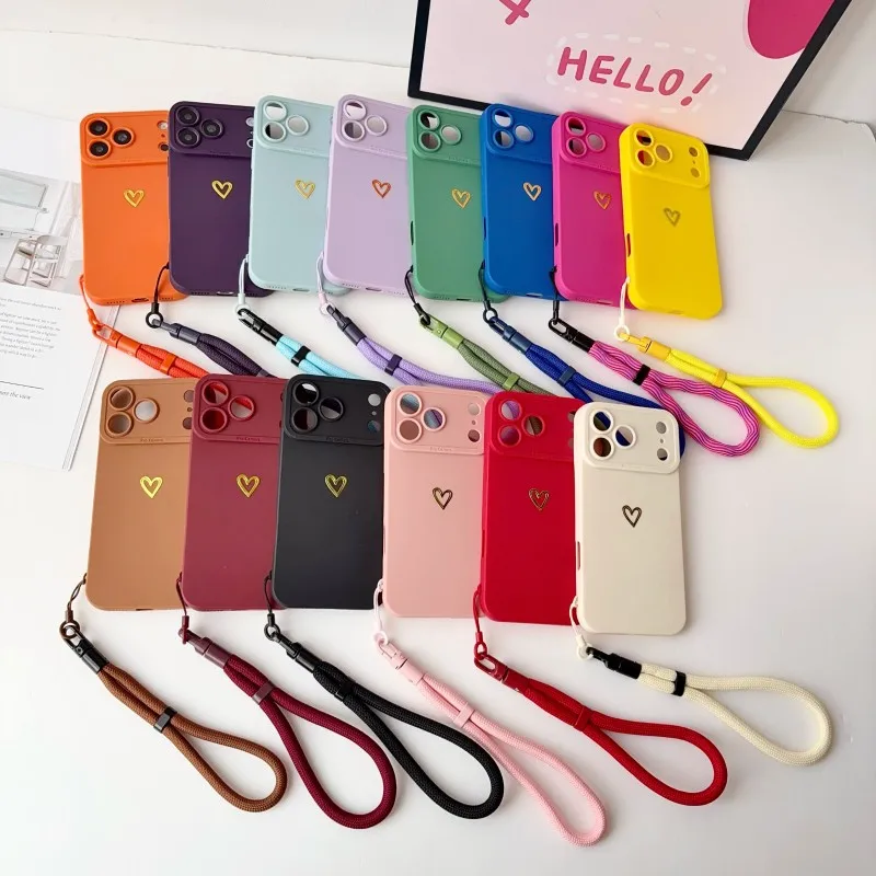 Universelle kurze Lanyard-Hülle für iPhone 18 Pro Max 16 15 14 Plus 13 12 17, niedliche goldene Love-Silikon-Stoßschutzhülle mit Handgelenkschlaufe