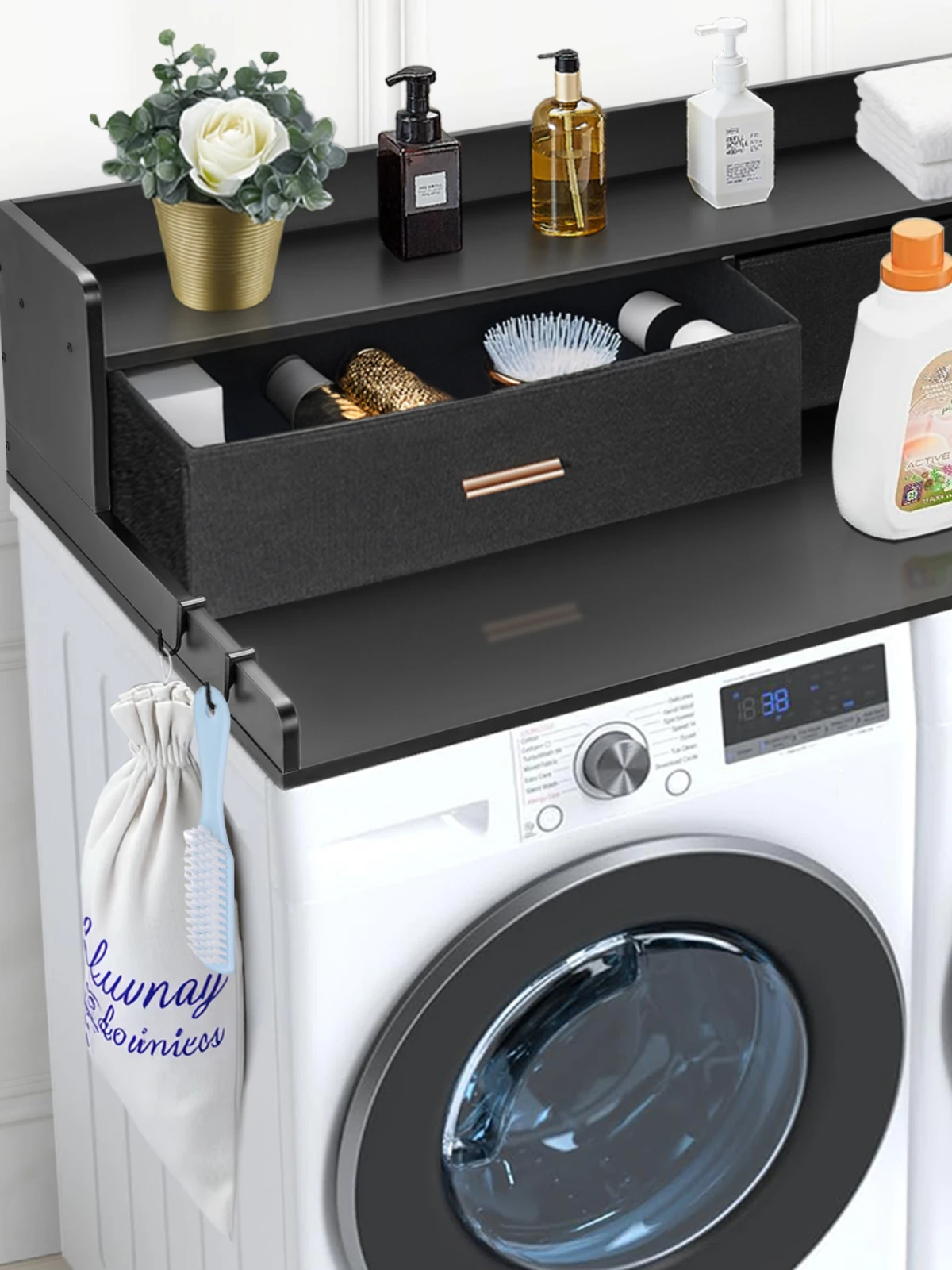 SucceBuy Wasdroger Aanrecht met Lade Plank Houten Wasmachine en Droger Aanrecht Waspan voor Wasruimte Organisatie - afbeelding 2