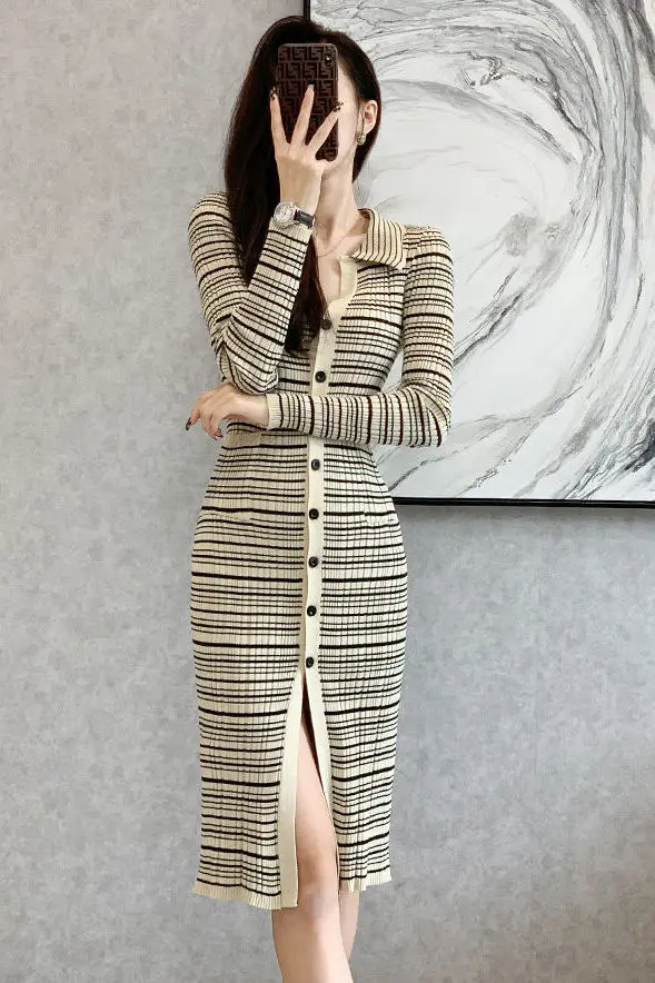 Autumn Winter French Elegant Stretch Slim Knitted Pleated Dress Long Sleeve Single Breasted Thick Warm Sweater Midi Shirts CQ218