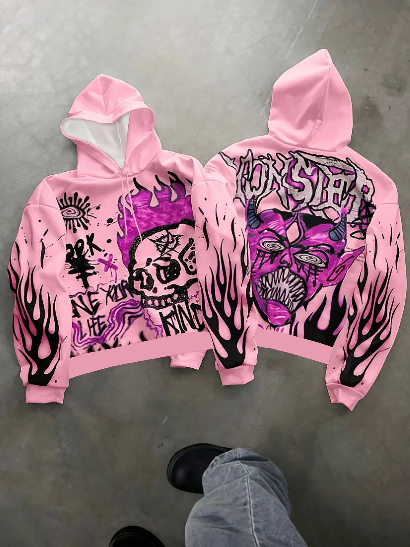 Mens Hoodie Pink Graffiti Demon Skull Flame Graphic Pullover Casual Loose Streetwear Long Sleeve Emo Grunge Comfortable Y2K