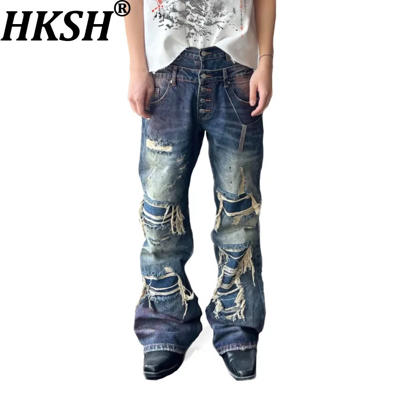 

HKSH Spring Autumn New Men Washed Distressed Punk Buttons Ripped Cotton Jeans Trendy Fashion Waste Land Chic Denim Pants HK19248