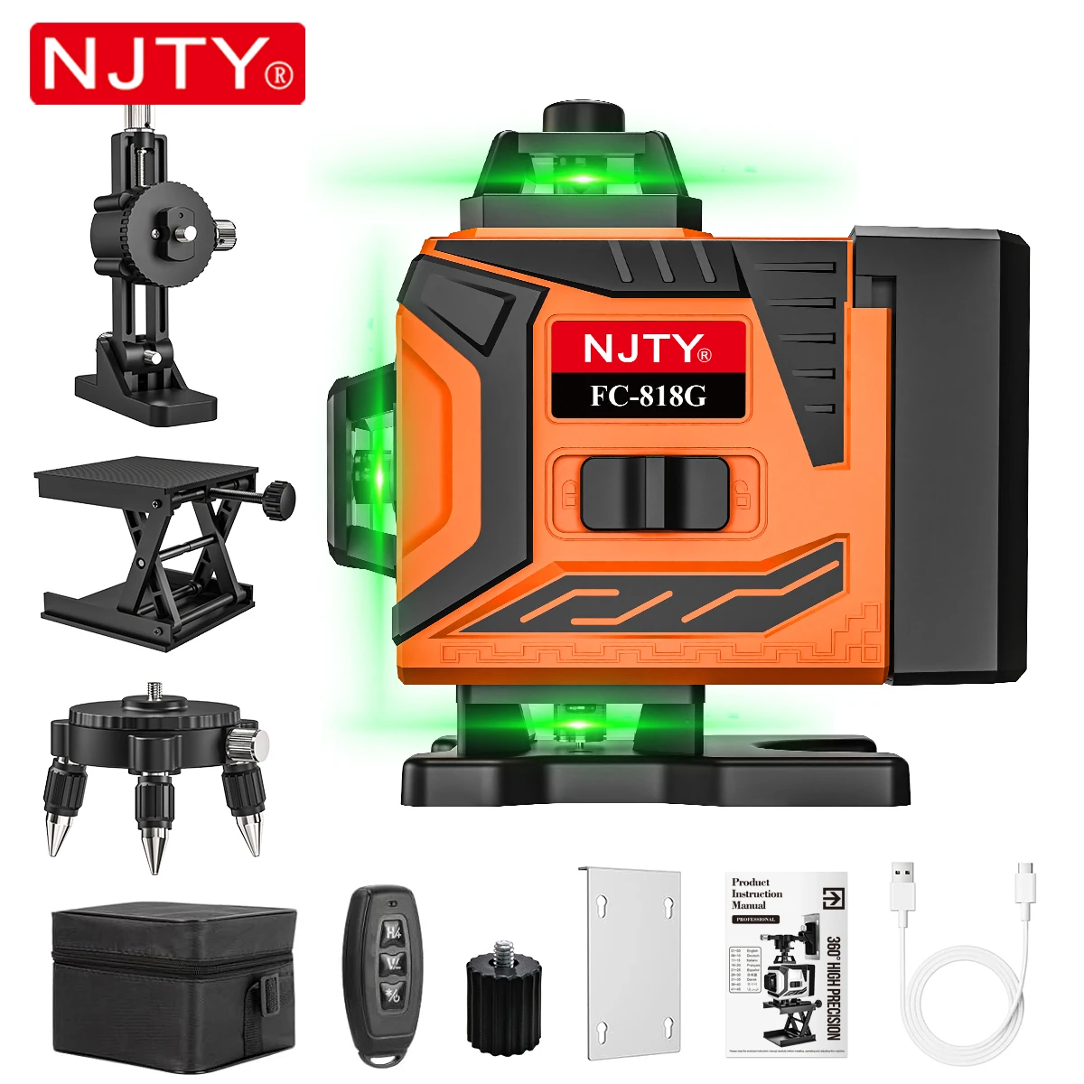 

NJTY 4D Laser Leveling Tool 16 Lines 5200mAh Type-C USB Rechargeable Remote Control Magnetic 3 Stands Pulse Mode Portable Bag