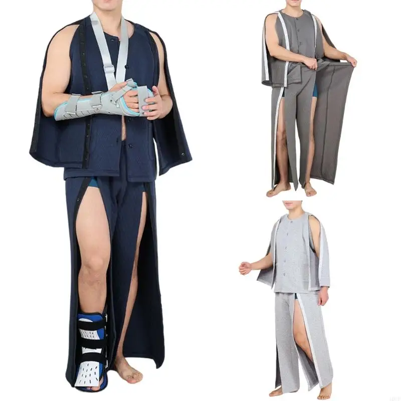 

Men's Autumn Winter Warmth Quilted Pajama Set with Button Closure Bedridden Patient Clothing Tear Away Suit