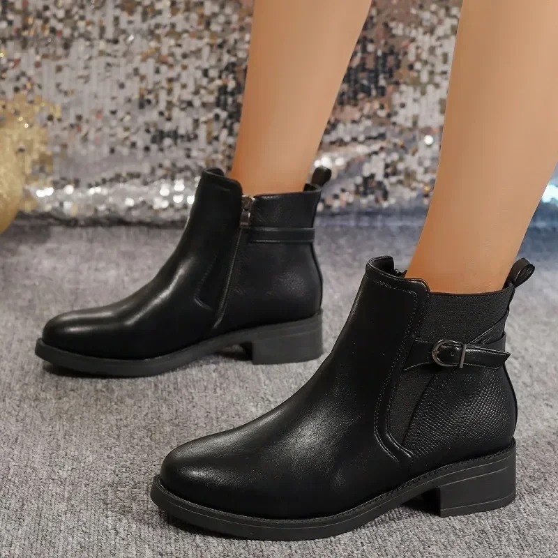 Shoes for Women 2024 Hot Sale Side Zip Women\'s Boots Autumn Round Toe Solid Short Barrel Low Heels Plus Size Boots Zapatos Mujer