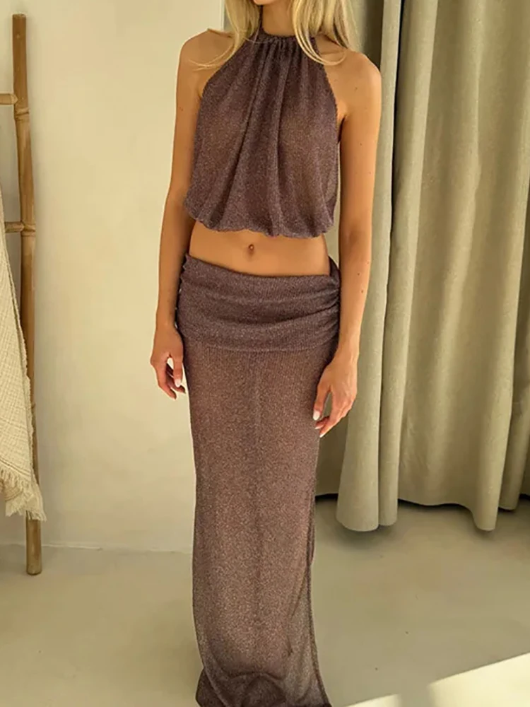 Women's Summer Sleeveless Halter Top Maxi Skirt 2PCS Sets Backless Simple Outfit Solid Lace-Up Fashion Ladies Suits Streetwear image 2