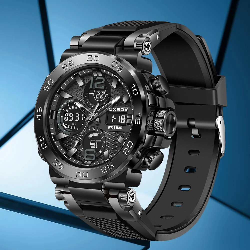

Электронные часы FOXBOX LIGE для мужчин, повседневные, спортивные, водонепроницаемые, с будильником, двойным дисплеем, отображением даты и дня недели, мужские наручные часы