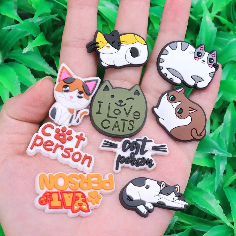 8-18Pcs Cartoon Cat Lover Person Coffee Flower Footprint Paw PVC Shoe Charms Hole Shoes Ornaments Sandals Accessories Kid Gift