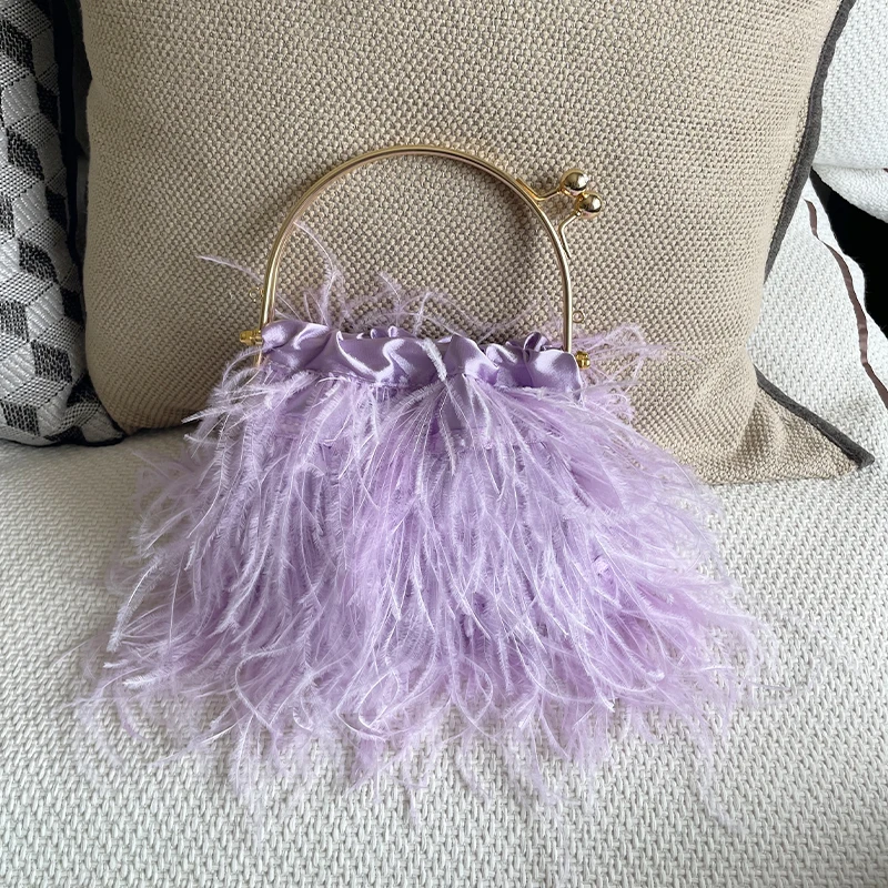 Fashion Ostrich Feather Clutch Tote Wedding Handbag Metal Handle Party Evening Fur Shoulder Crossbody Bag