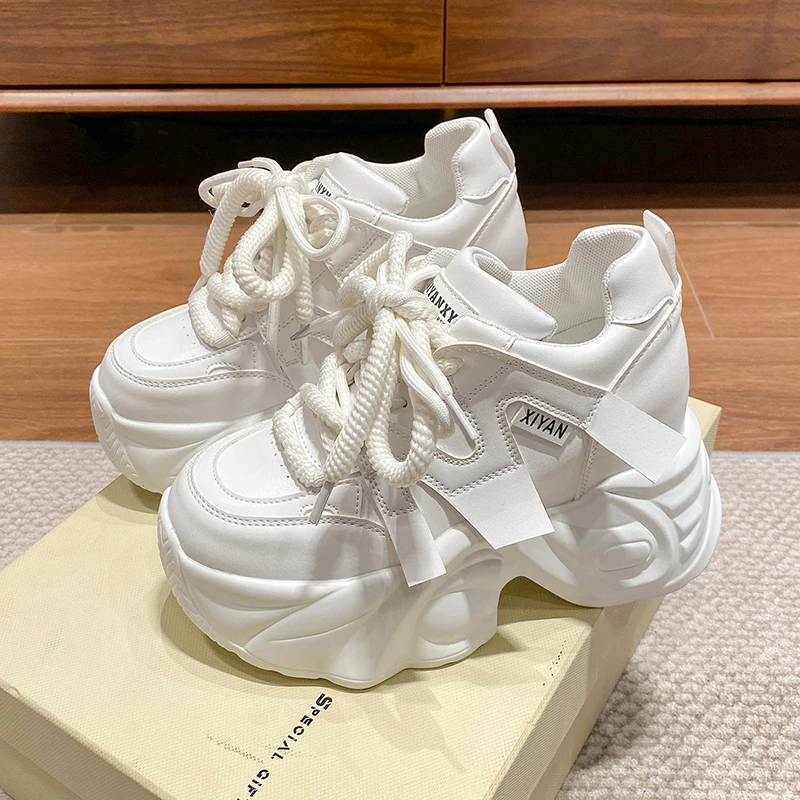 

Женские повседневные кожаные кроссовки 10,5 см, осенние туфли на высокой платформе со шнуровкой, спортивная обувь для папы на толстой подошве, женские кроссовки Chaussure Femme