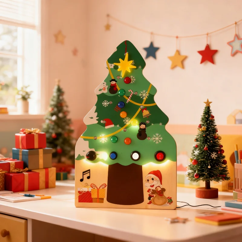 Montessori Christmas Tree Busy Board LED Educational Activity Developing Sensory Board Motor Skills New Year Gifts for Kids