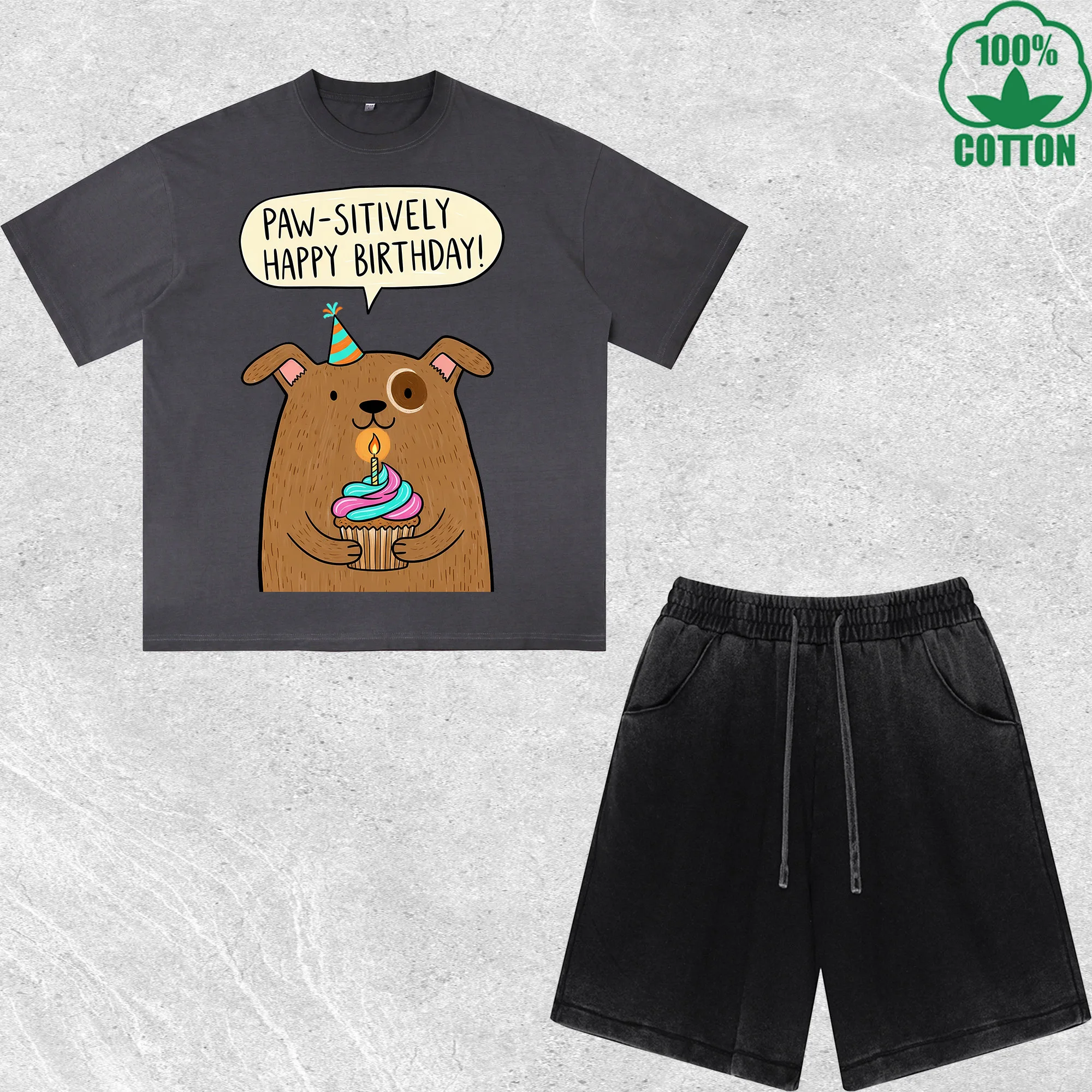 

Paw Sitively Happy Birthday Printed Dirty Wash T-Shirt Shorts Set Combo Loose Trendy Fashionable 100%Cotton Short Value Pack