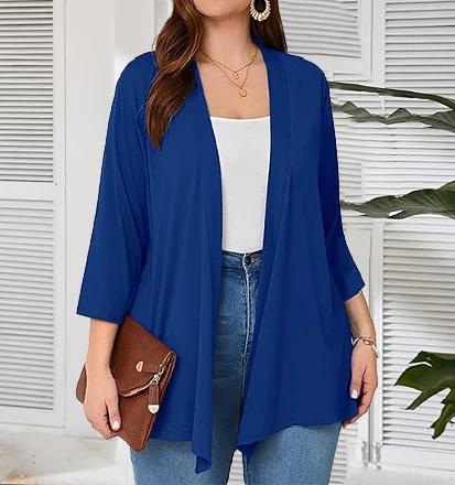 Women's plus-size cardigan, 3/4 sleeve, light and thin, front-opening shawl-style knitted top, casual, soft and draping, suitabl