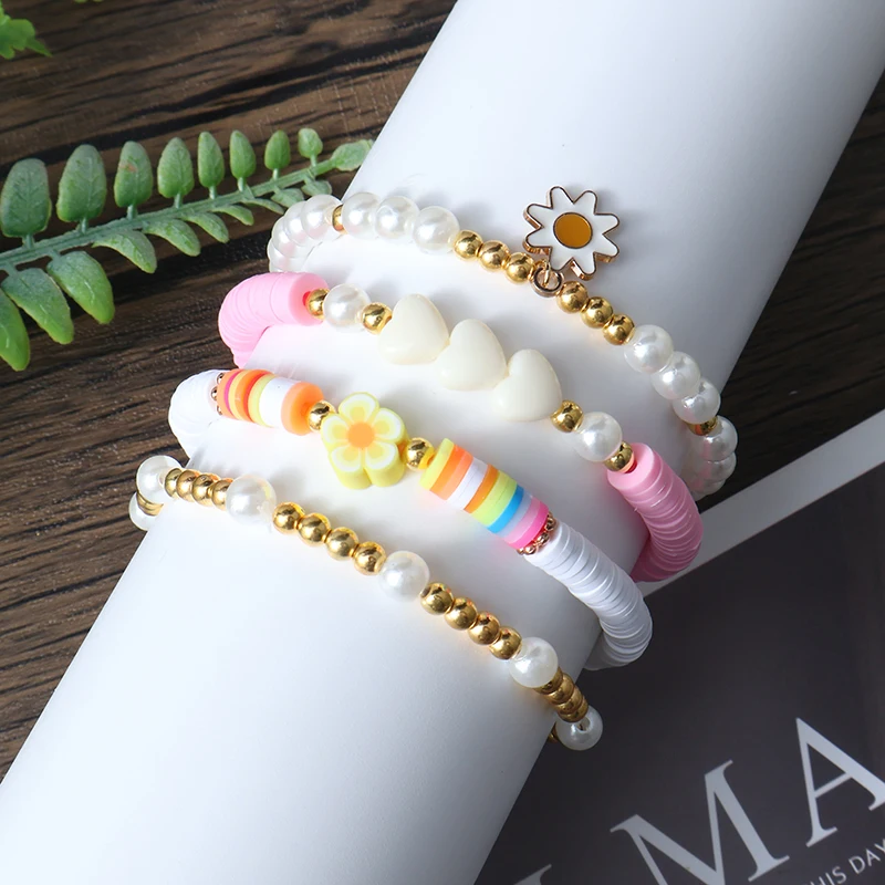 HI MAN 4 Pcs/Set White Flower Pendant Pearl Bead Soft Pottery Bracelet Bohemian Handmade Daily Occasion Popular Accessory