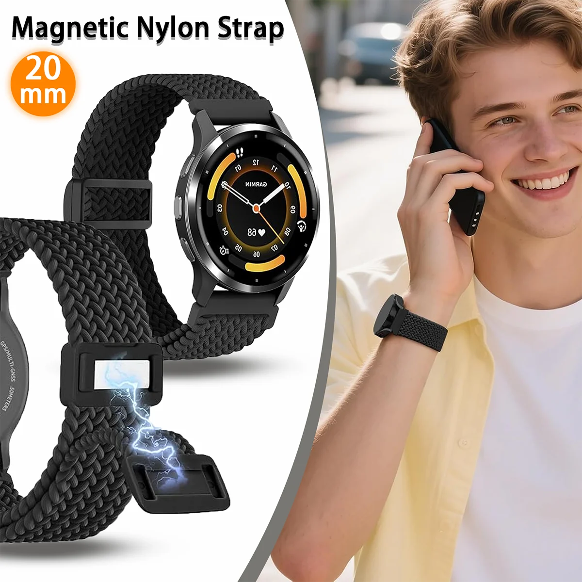 20mm Magnetic Nylon Band for Samsung Galaxy Watch 7 6 5 4 Classic/6 Classic Watch Bands,Stretchy Strap for Garmin Vivoactive 6/5