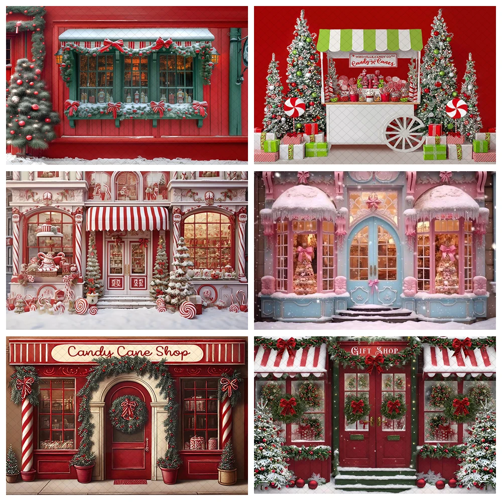 

Christmas Candy Shop Photography Backdrop Xmas Tree Snowy Family Portrait Kids Birthday Party Cake Smash Background Photo Studio