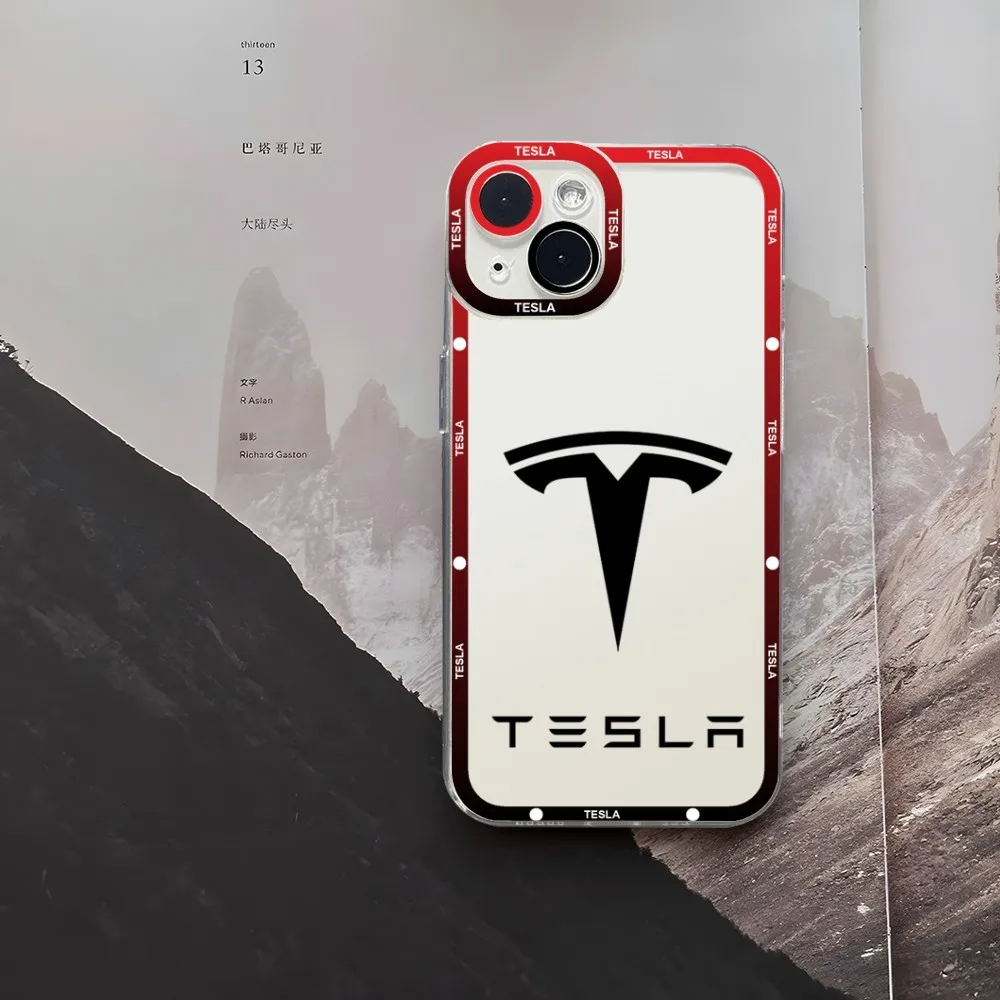 T-TeslaS Car Logo Phone Case for iPhone 15 15ProMax 13 14 12 11 Pro Max Mini Angel Eyes Soft Transparent Cover