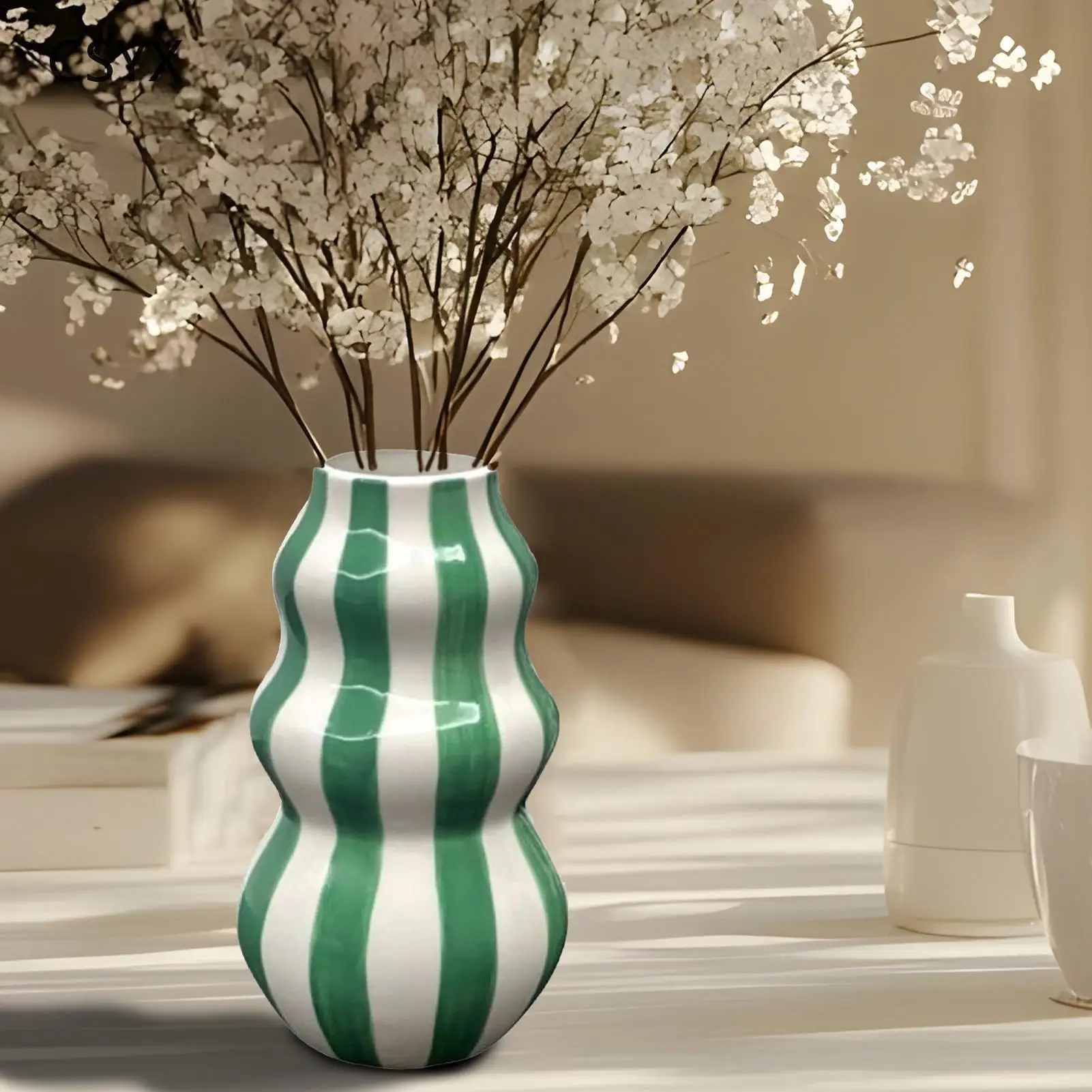 Ceramic Vase Aesthetic Vase Striped Ceramic Flower Container Craft For Apartment Bathroom Kitchen Indoor Room Table Centerpieces