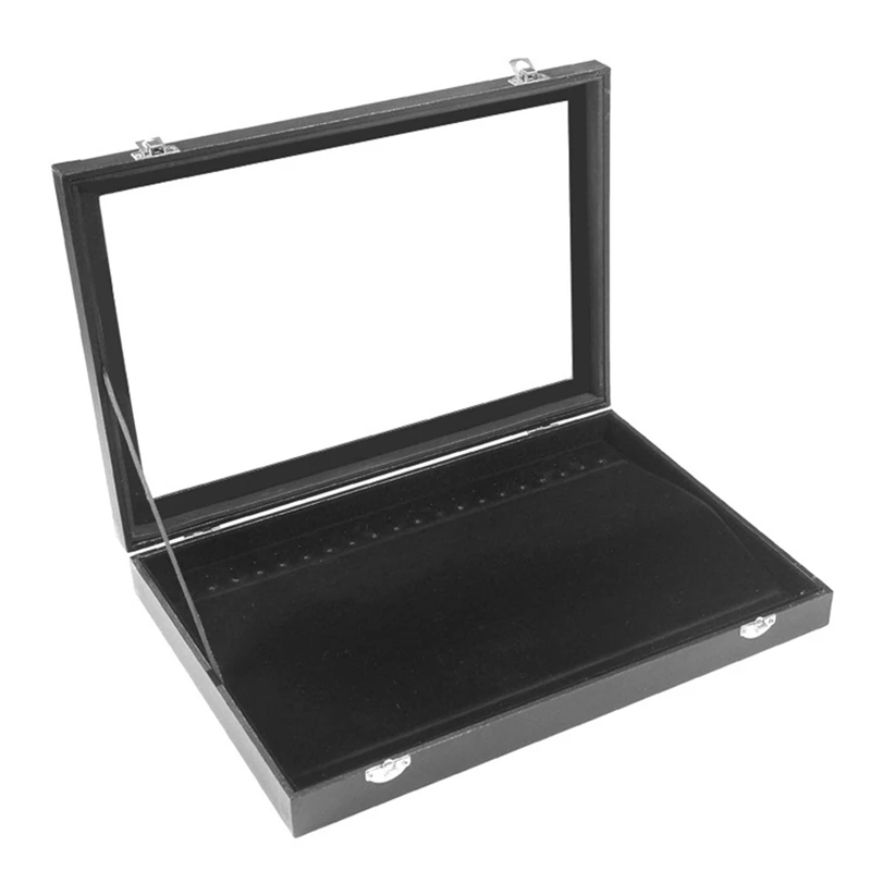 

20 Hook Necklace Tray Storage Box Jewelry Display Stackable Glass Top Lockable Black Velvet Case (Necklace Case)