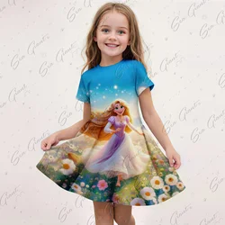 New MINISO Summer Girls Rapunzel Princess Dress Fashion Cartoon Cute 3D Print Dress Kid Short Sleeve Cosplay Party Clothing