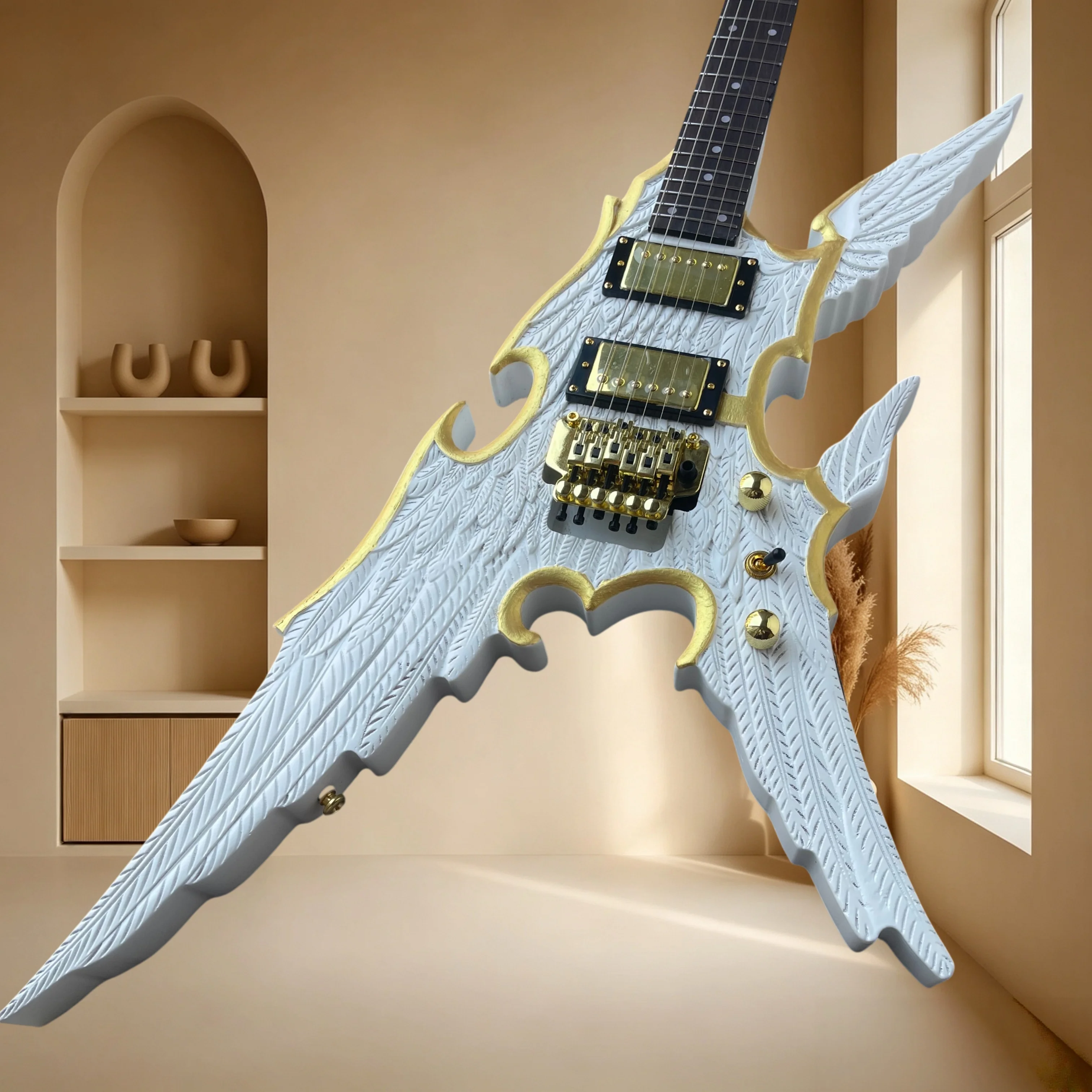 Angel Wing Shape Electric Guitar White Feather Carving Gold Double Tremolo Metal Rock Performance Guitar Free Shipping