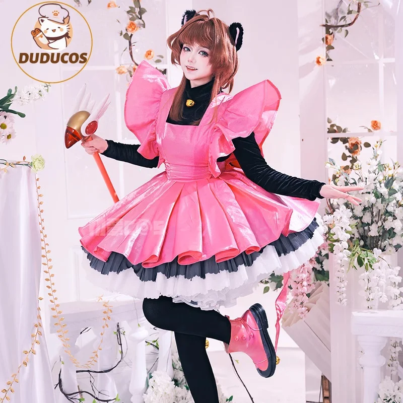 Kinomoto Sakura Cosplay Costume Anime Card Captor Sakura DUDU-R Women Halloween Cute Black Pink Dress THE THUNDER Ears Tail