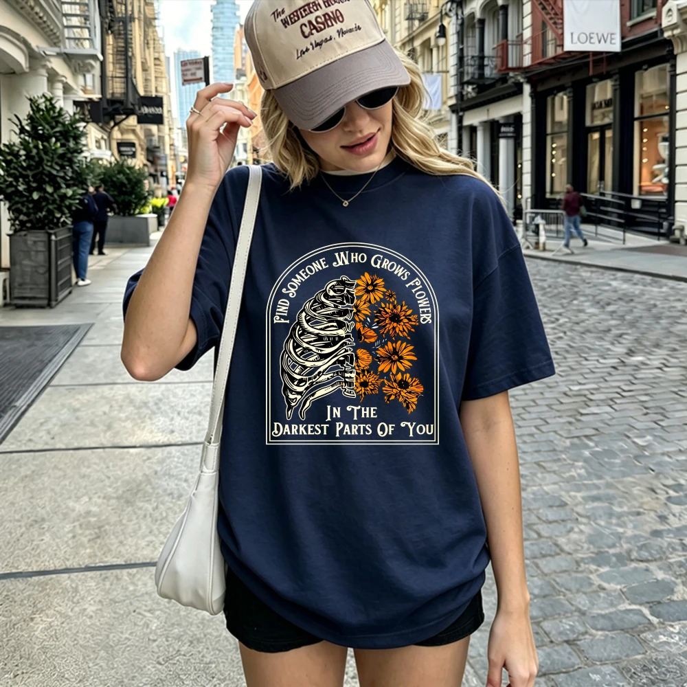 Vintage Ribcage Sunflower Print Tshirt Darkest Parts of You Quote Graphic Short Sleeve Casual Weekend Reading Daily Wear Tee