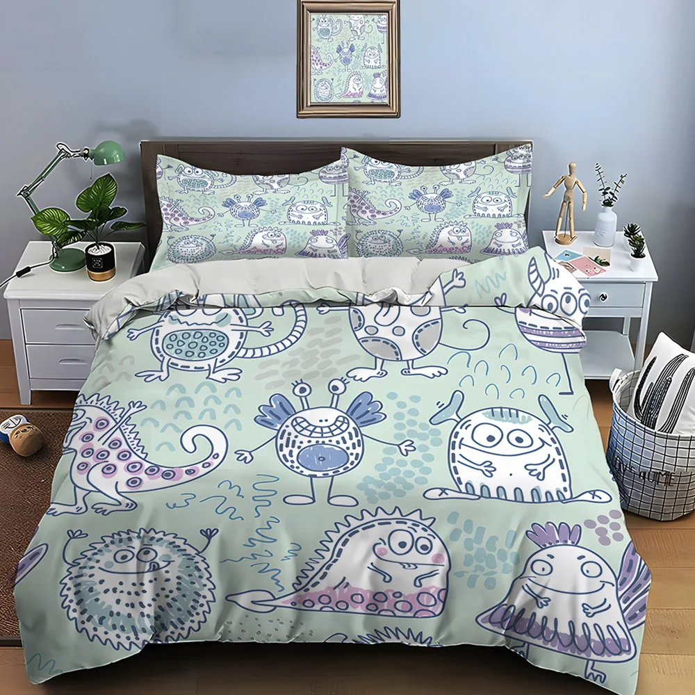 Cartoon monster pattern design Bedding Set for Kids Luxury Gift 3pcs Digital Print Comforter Set Soft Comfortable Breathable