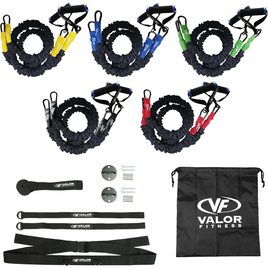 

Valor Fitness Resistance Bands 5lb to 25lbs Carabiners Attached 2 Bands per Weight Option with Handles Sheath Covered Strength
