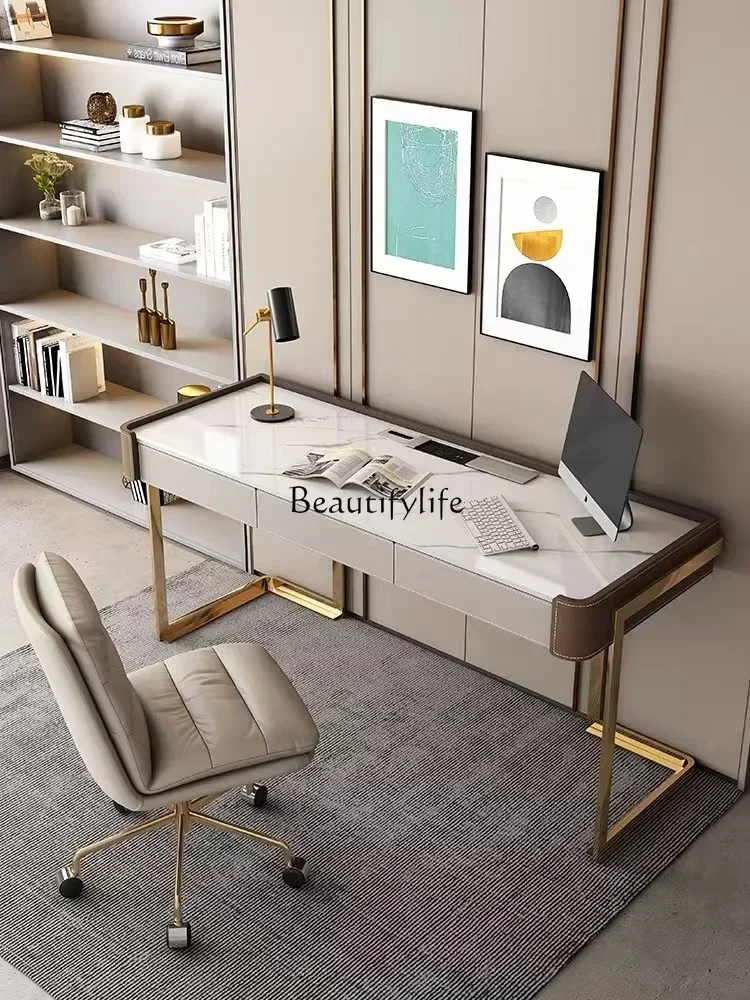 yj9 Meja kerja dari kulit sadel dengan desain batu, mewah ringan, modern, dan simpel