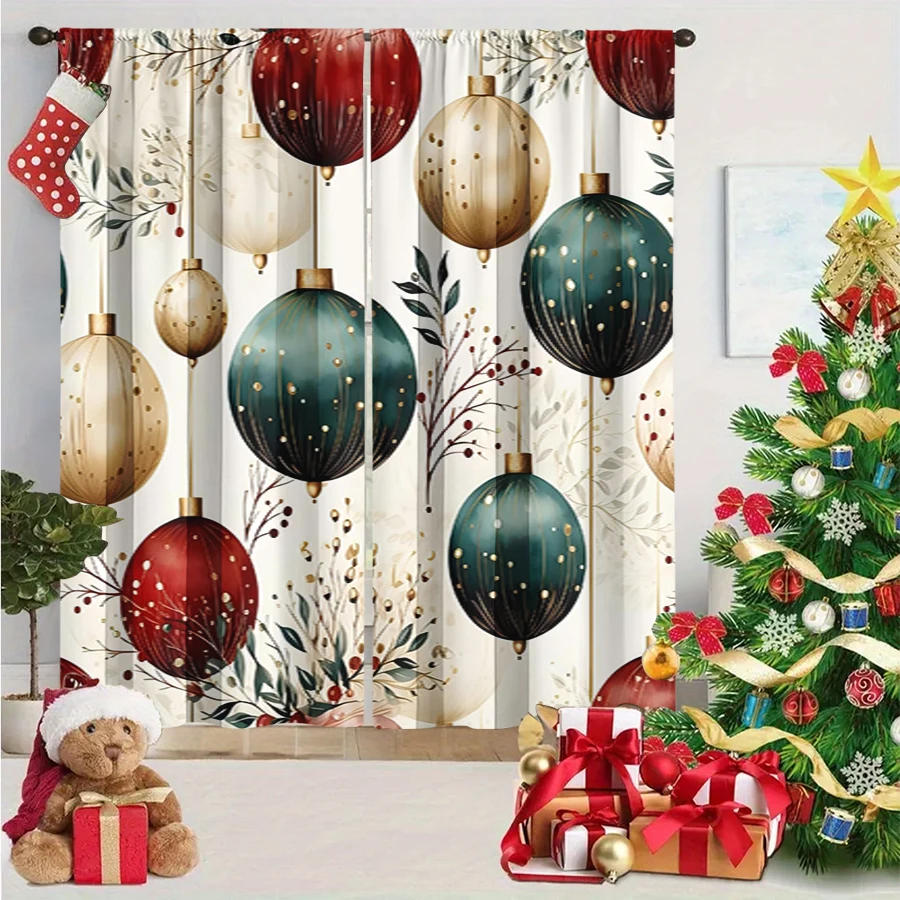 2PCS Digital Print Curtain, Hanging Christmas Ornament Balls Red Gold Green with Plant Branches on White, for Window Home Decor