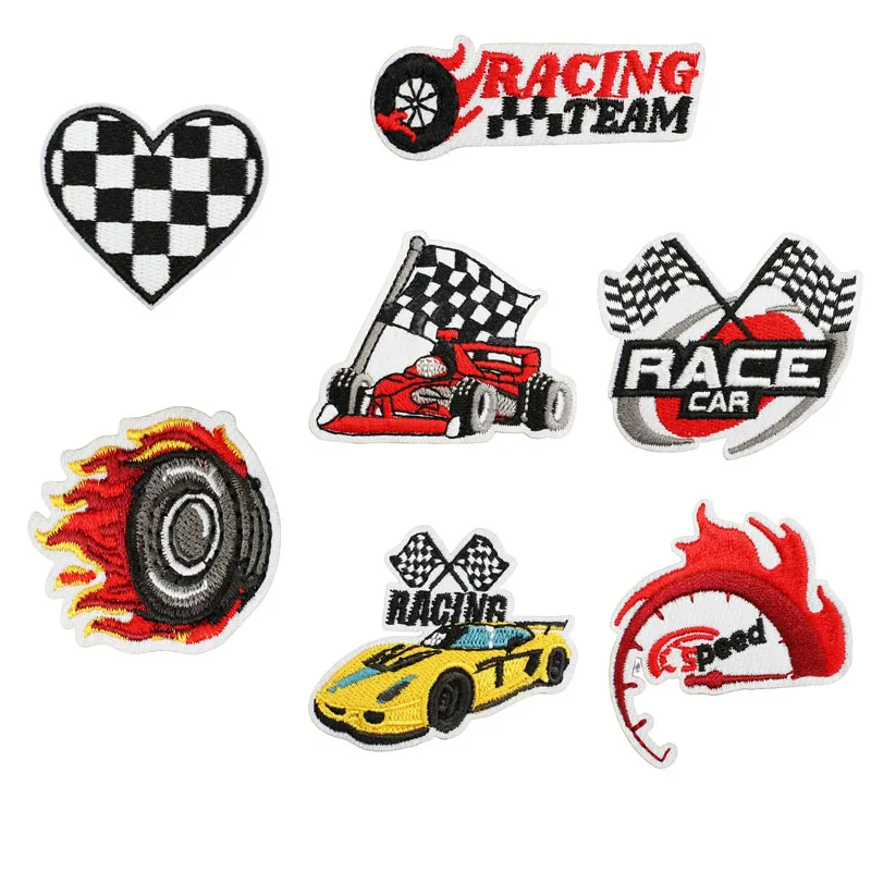 Racing Driver Car Race Flag Motorcycle Embroidery Patch Cartoon Embroidered Patches Cloth Stickers Racing Vintage Car Clothing