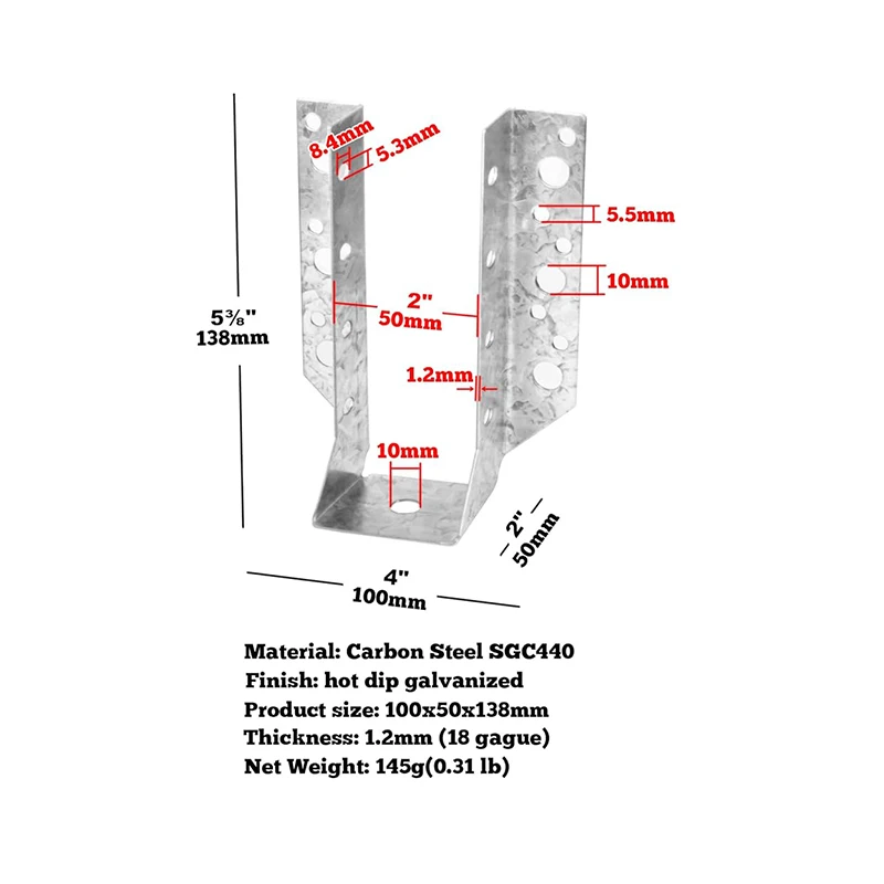 8 cs 18 Gauge Joist Hanger Hot Dip Galvanized Finish Steel Joist Dimensional Hangers fit Actual 2x6 Post