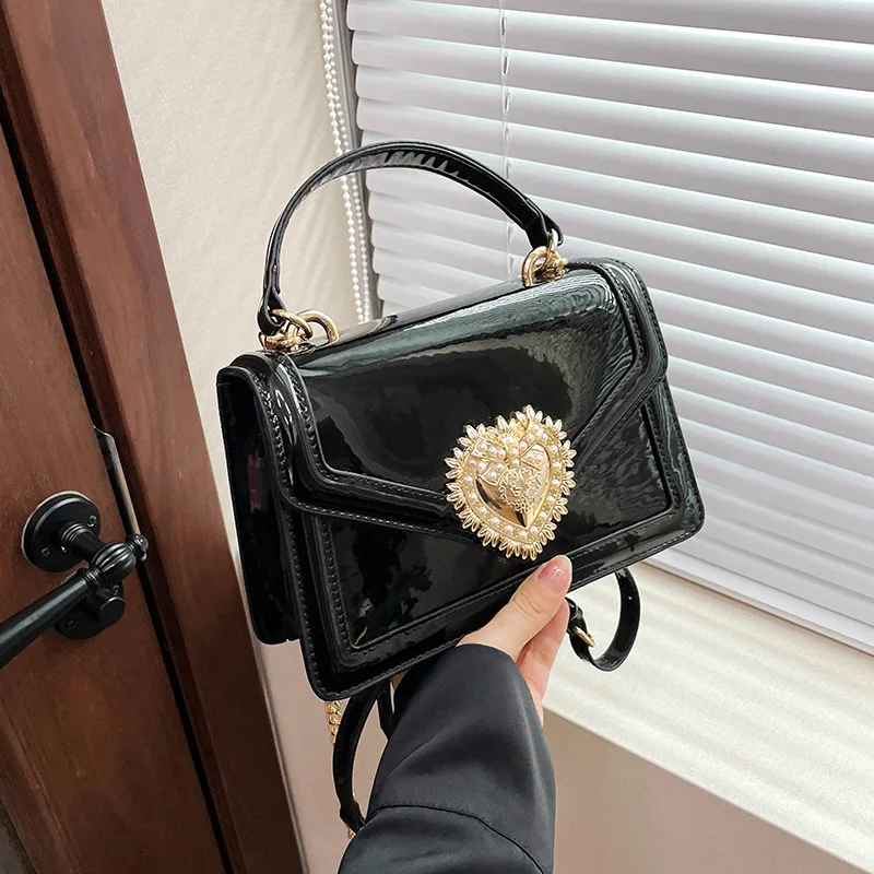 

Winter New Women's Patent Leather Small Square Bag - Glossy Texture, Chain Messenger Flip Design, Portable Designer Women's Bag