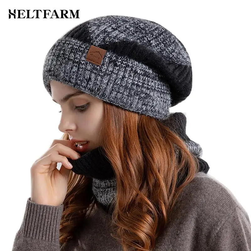 Winter Hat & Scarf Women\'s Two Tone Fashionable Ear Protection Beanie Hat Plush Neck Warmer Scarf Set