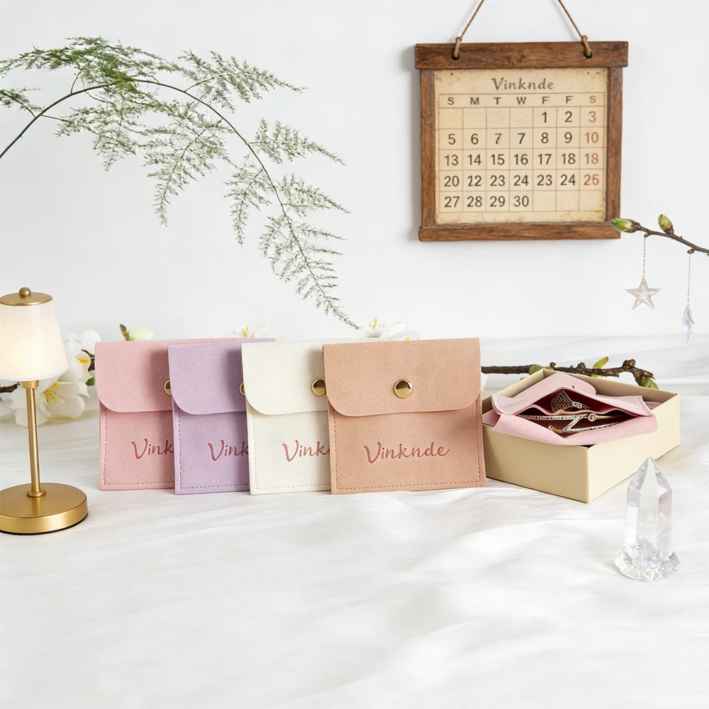 

50Pcs Custom Logo Pink Microfiber Dust Bag for Jewelry Velvet Snap Button Packaging Gift Pouch Earrings Bracelet Organizing Box