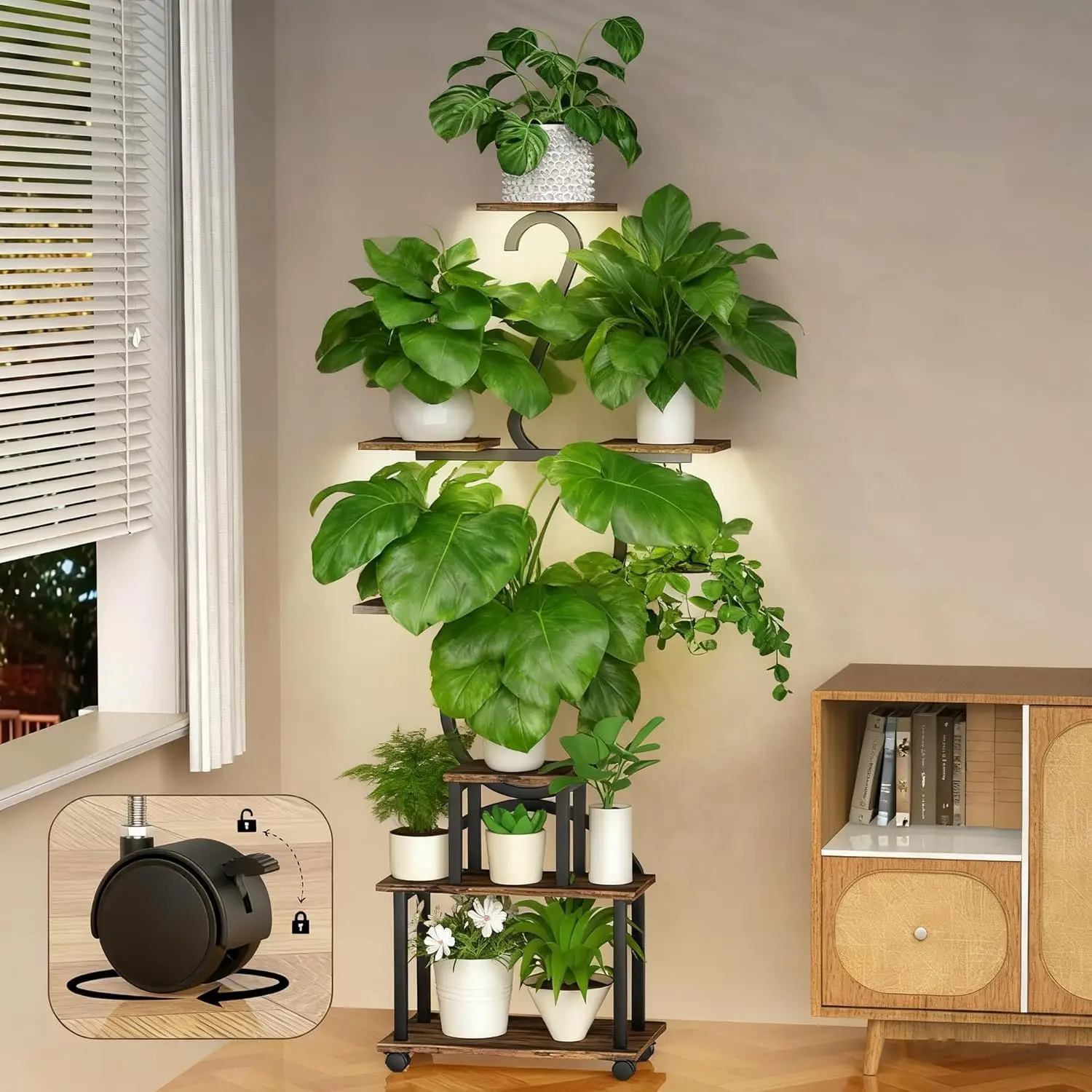

8-Tier Metal Plant Stand with Grow Lights, 64" Indoor Corner Shelf on Wheels for Living Room Garden