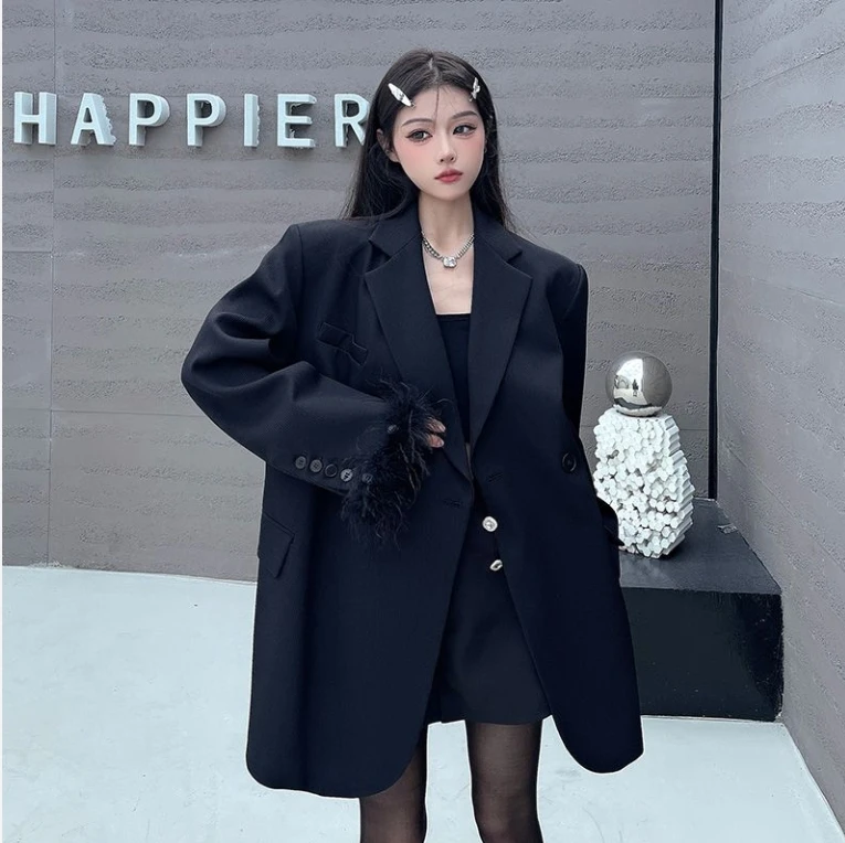 Zoete koele zwarte damesblazer voor dames herfstjas nieuwe halflange high-end casual losse petite top kawaii Koreaanse streetwear