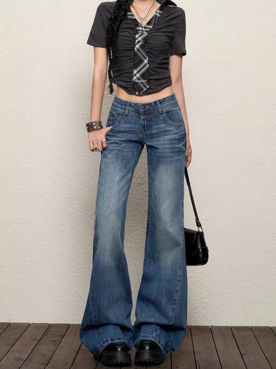 

American Style Cracked Denim Jeans Women's Spring Summer Thin Low Waist Loose Wide Leg Retro Blue Draping Floor Micro Flared ...