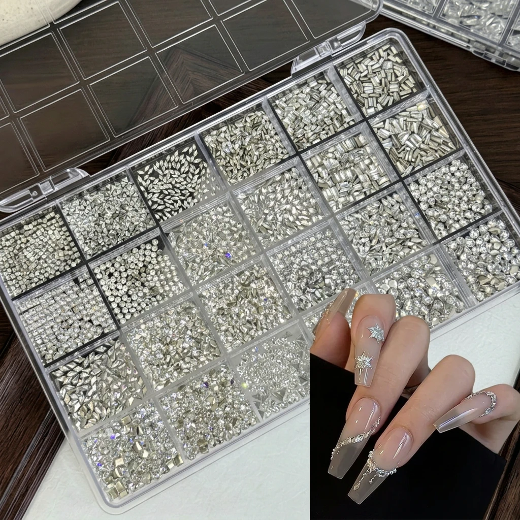 24 Grids Mixed Clear Nail Rhinestones Multi-Shape Flatback Crystal Diamond Nail Gems Shiny Non Hotfix Strass Manicure Supplies *