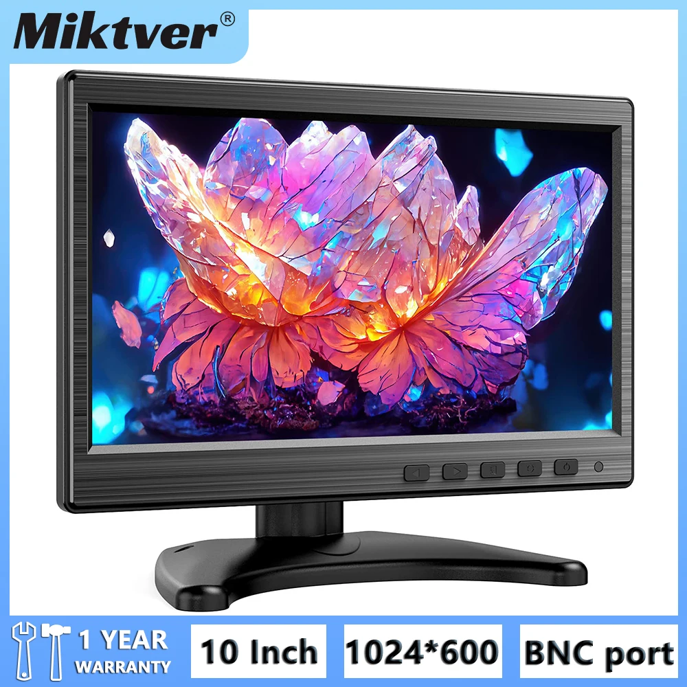 Miktver MK10-6 10 Inch Security Monitor 1024x600 LCD IPS Display With Speaker,HDMI/VGA/BNC/RCA Video Input,Supports Wall Mounted