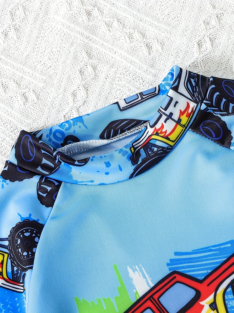 2 Piece Boys Summer Cartoon Car Print Short Sleeve Swimsuit and Swim Suit