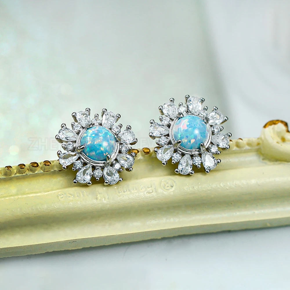 Flower Shape Earring with Pear Gemstone Synthetic Opal DIY Color Stud Earrings For Women