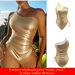 Women's Metallic One Shoulder One Piece Swimsuit Sleeveless Wireless High Cut Summer Beach Monokini Gold X-Large